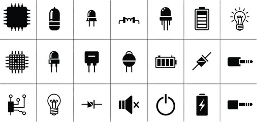 Collection of various electronic components and symbols arranged in a grid pattern on white background