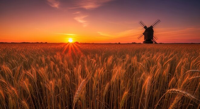 Golden wheat field beneath vibrant sunset sky silhouette of old windmill adds rural charm