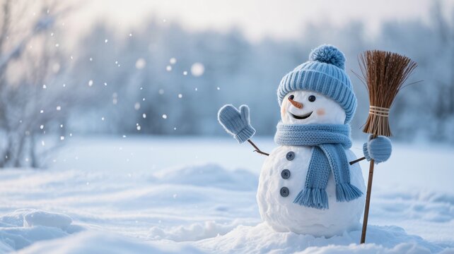 Joyful snowman waves hello in a snowy winter wonderland