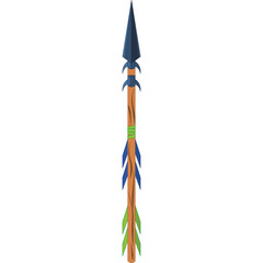 Tribal Wooden Spear With Blue and Green Feathers on Transparent Background