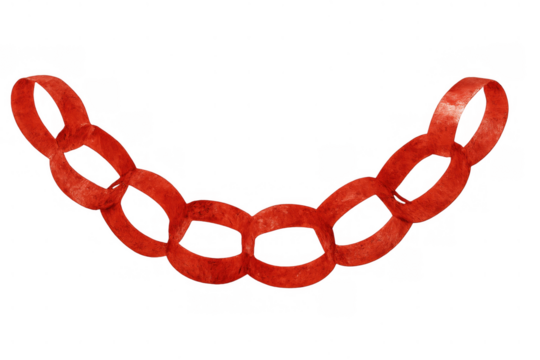 Red paper chain garland creating a decorative element, symbolizing connection and unity, with a transparent background