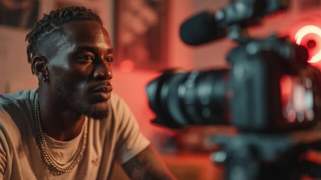 Young man focusing on camera while recording content, showing creativity and passion in a modern setting with warm lighting and visual interest