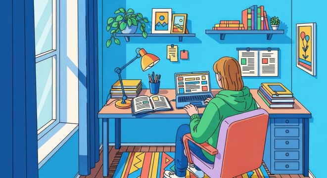 Illustration depicting a young woman studying or working at home in a vibrant and cozy room - Powered by Adobe