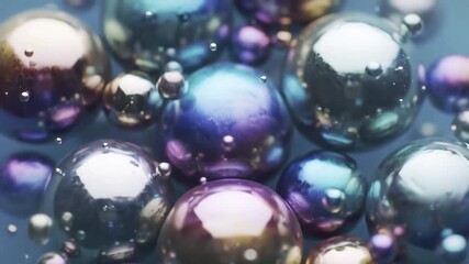 Dynamic closeup of iridescent metallic spheres and bubbles floating and interacting in a mesmerizing abstract liquid environment creating a vibrant and futuristic visual effect with shifting colors a. - Powered by Adobe
