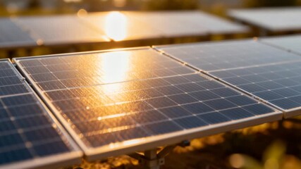 solar panels reflecting sunlight, tilt shift motion, clean energy concept - Powered by Adobe