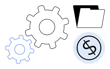 Simple gears, a folder, and a dollar sign depict efficiency, organization, financial management, and workflow. Ideal for business, strategy, finance project management productivity planning