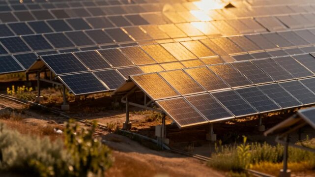 solar panels reflecting sunlight, tilt shift motion, clean energy concept