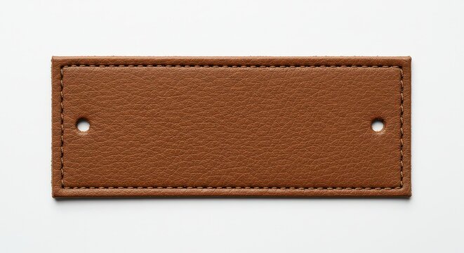 Brown leather rectangle with stitching and holes on white background