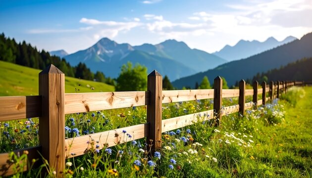 Scenic mountain view with wildflowers blooming along a wooden fence