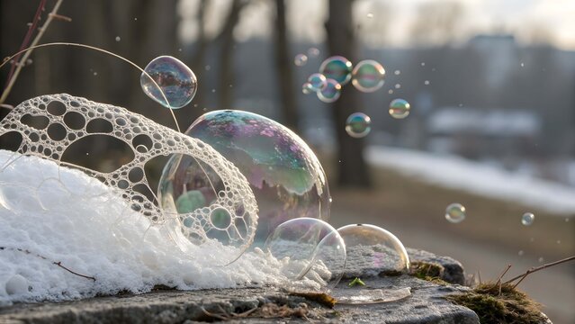 Macro close up of iridescent soap bubbles and foam on stone image