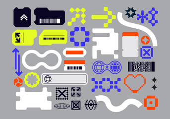 Label vector symbol asset element retro futuristic collection set bundle sticker y2k clip art editable