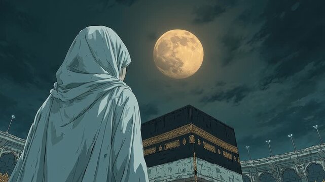 Anime Style Illustration of Muslim Woman Praying at Kaaba Under Full Moon