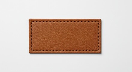 Brown leather rectangular label with stitched border on white background