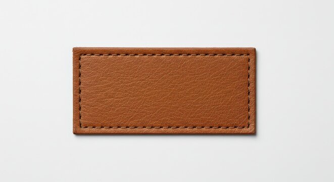 Brown leather rectangular label with stitched border on white background