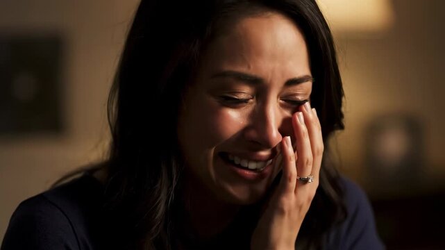 A young woman with dark hair cries and smiles with relief, wiping a tear from her cheek.