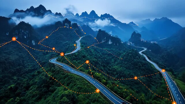 A winding road navigates a lush, mountainous landscape, overlaid with a network of glowing paths
