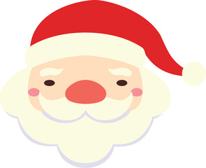 Cute Santa Claus face with red hat, fluffy beard, rosy cheeks. in friendly cartoon style, clean flat vector isolated on white; ideal for stickers, kids graphics, and holiday branding.