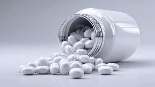 White capsule pills spilling out of an open jar on a smooth gray surface, showcasing a clean and minimalist design for pharmaceutical or health concepts