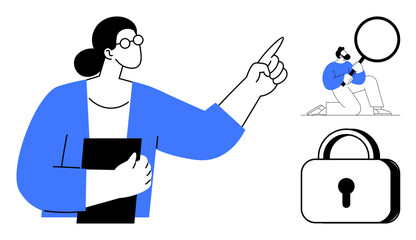 Woman pointing forward, researcher inspecting with magnifying glass, and locked padlock. Ideal for education, leadership, security, research, guidance privacy and exploration concepts. Simple flat