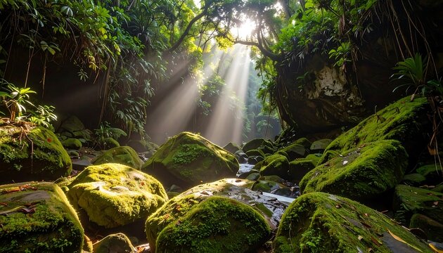 Sunlight streams through a lush, mossy jungle gorge