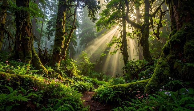Sunlight streams through a lush, mossy forest