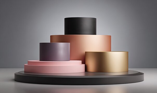 Stacked matte, metallic cylinders on shiny platform - Powered by Adobe