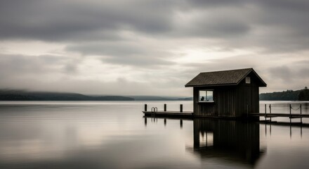 A tranquil boathouse rests on still waters beneath a moody, overcast sky creating a serene