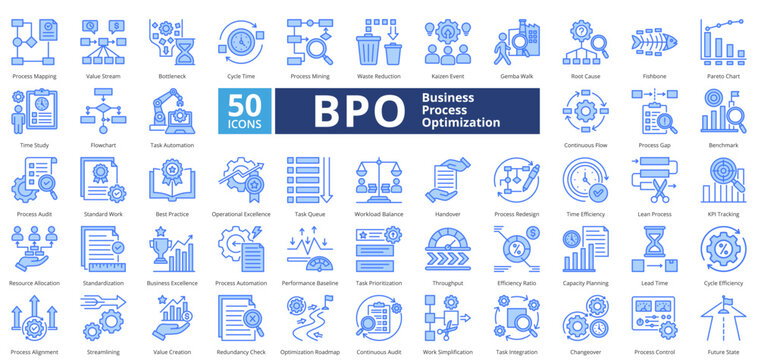 Business Process Optimization blue contains 50 icons including process mapping, value stream, bottleneck, cycle time, process mining, waste reduction, kaizen event, gemba walk, simple vector 