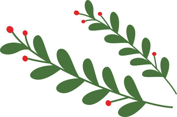 christmas tree with red berries. two leafy branches with small red berries, clean flat vector foliage decoration, isolated on white. Cute Christmas Element clipart