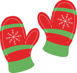Red and green striped winter mittens clipart with stitched snowflake emblems, cozy holiday gloves in flat vector style. Cute Christmas Element clipart