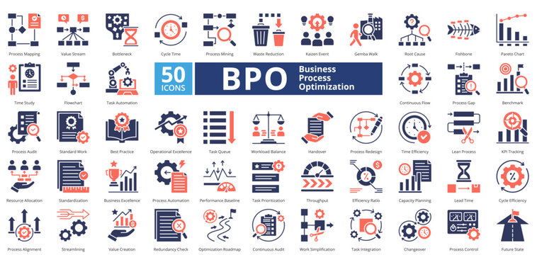 Business Process Optimization mixed duotone contains 50 icons including root cause, fishbone, pareto chart, flowchart, task automation, continuous flow, process gap, benchmark, simple vector 