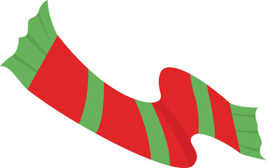 Red and green striped winter scarf fluttering, soft knit look with ribbed ends, cheerful holiday accessory in flat vector style. Cute Christmas Element clipart
