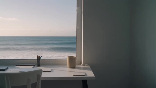 Peaceful home office workspace with a minimalist desk by the window overlooking a serene ocean view