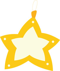 Yellow star Christmas ornament with inner pale star, hanging loop and small rivet details, flat vector style, isolated on white for holiday tags, cards, and decorations. Cute Christmas Element clipart