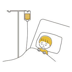 辛そうにベッドで点滴を受ける男の子のイラスト