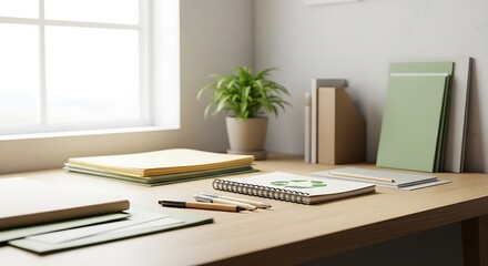 Fototapeta premium Creative artists wooden desk with sketchbooks and supplies by a sunlit window.