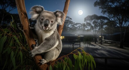 Captivating koala portrait at night against moonlit backdrop amidst a peaceful eucalyptus forest