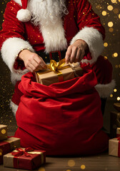 Santa Claus kneeling beside a huge red velvet sack, meticulously placing wrapped presents inside, close-up on hands adjusting ribbons and bows, golden sparkle dust in the air