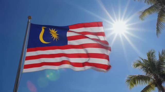 The national flag of Malaysia, Jalur Gemilang, waving in the wind against a bright sunburst and clear blue sky with tropical palm trees