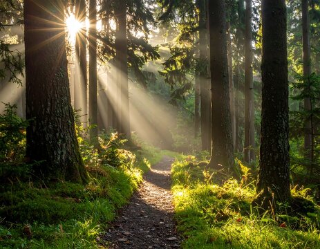 Sunlight streams through a misty mountain forest path