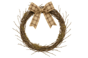 Rustic grapevine wreath with plaid burlap bow, natural home decor element, autumn farmhouse decoration, transparent background