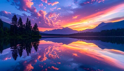 Vibrant sunset reflected in calm lake water