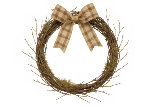 Rustic grapevine wreath with plaid burlap bow, natural home decor element, autumn farmhouse decoration, transparent background