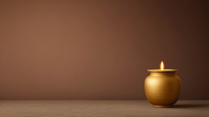 Golden Offering in a Ceremonial Setting, A decorative candle in a golden holder, casting a warm glow against a brown background.