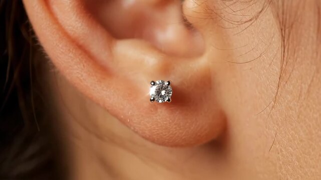 Close-up of a human ear adorned with a sparkling diamond stud earring