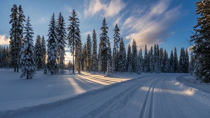Winter wonderland ski trail bathed in golden hour sunlight