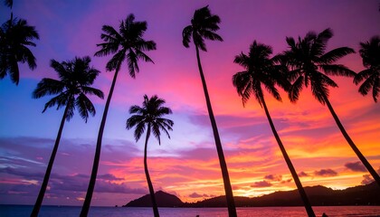 Vibrant sunset silhouettes palm trees beach
