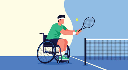 A determined person in a wheelchair enthusiastically plays tennis on a court, showcasing skill and athletic spirit.