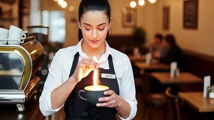 Skilled barista meticulously prepares a special glowing coffee drink, showcasing expert craft and a unique presentation in a warm, inviting cafe ambiance