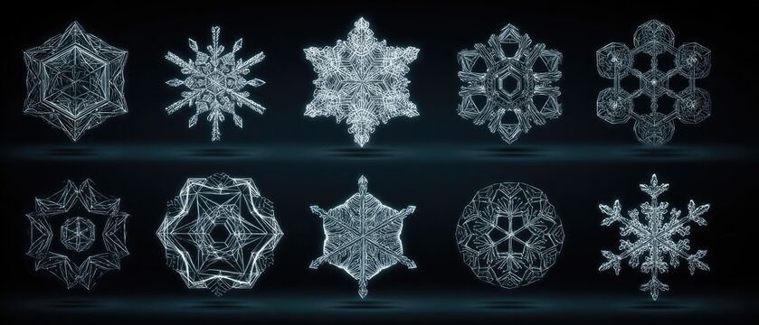 Ten diverse snowflakes on a dark teal gradient background